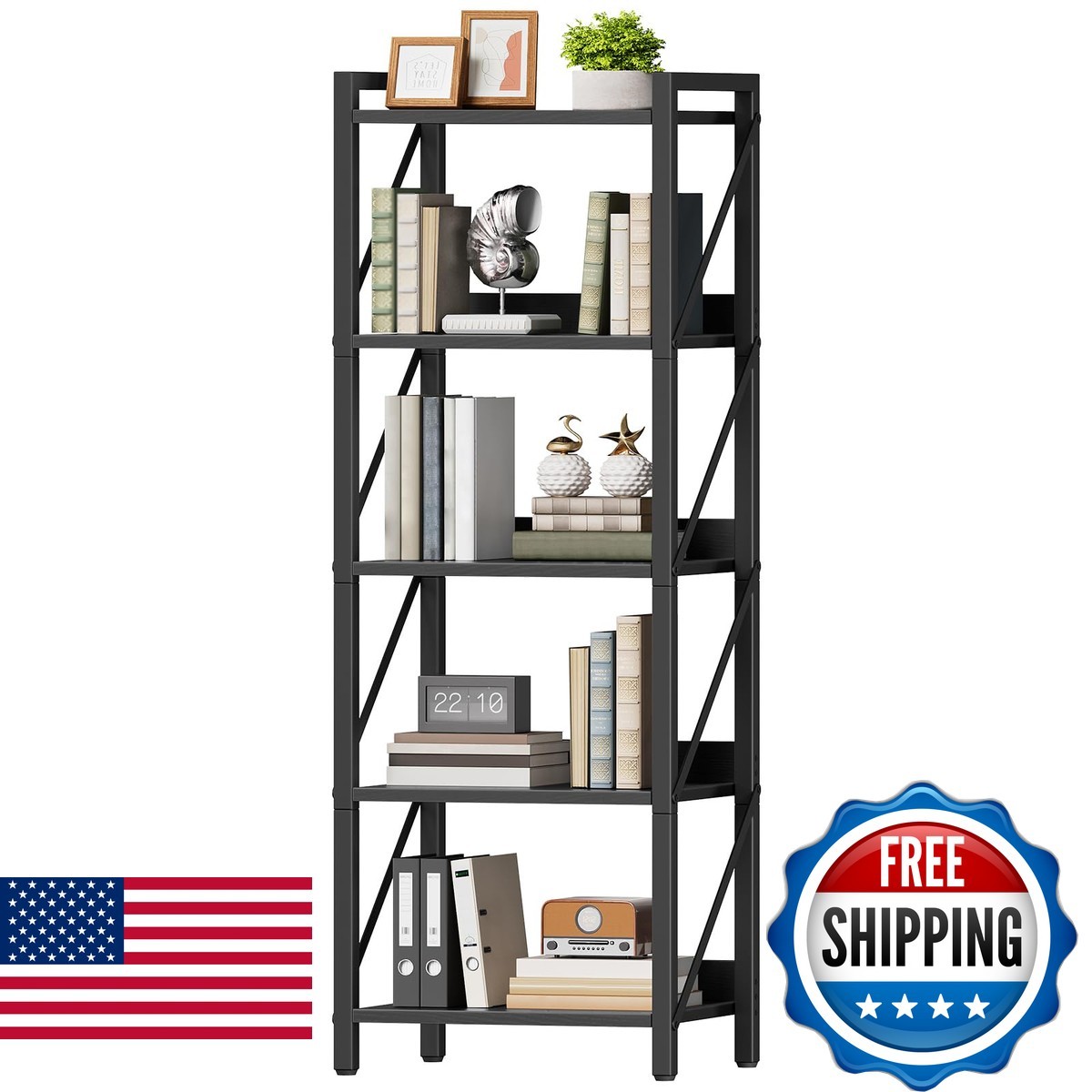 HOOBRO 5-Tier Industrial Bookcase, Book Shelf Storage Organizer, Tall Metal