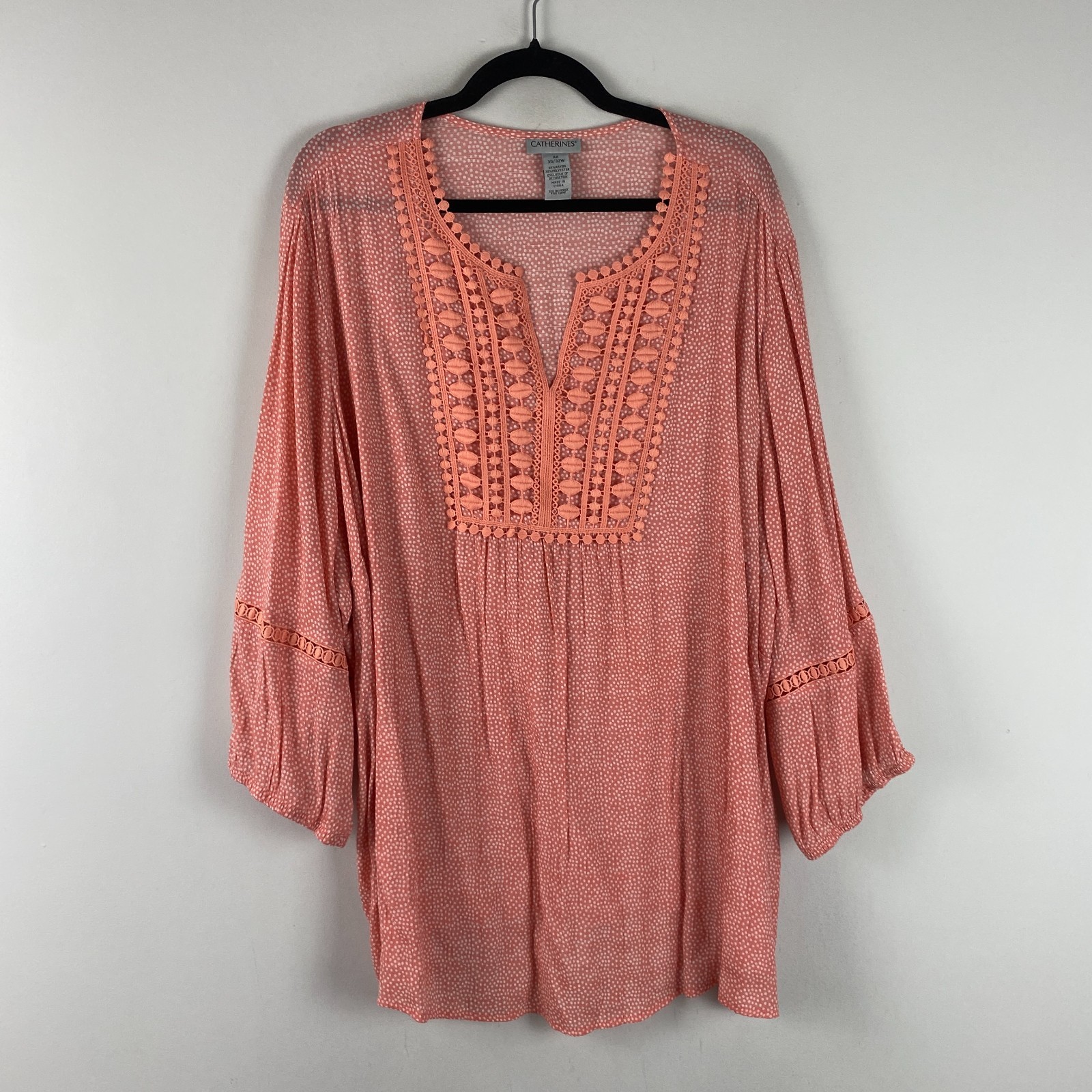 Catherines Tunic 4X Coral White Polka Dot Crochet Boho Bell Sleeve Plus