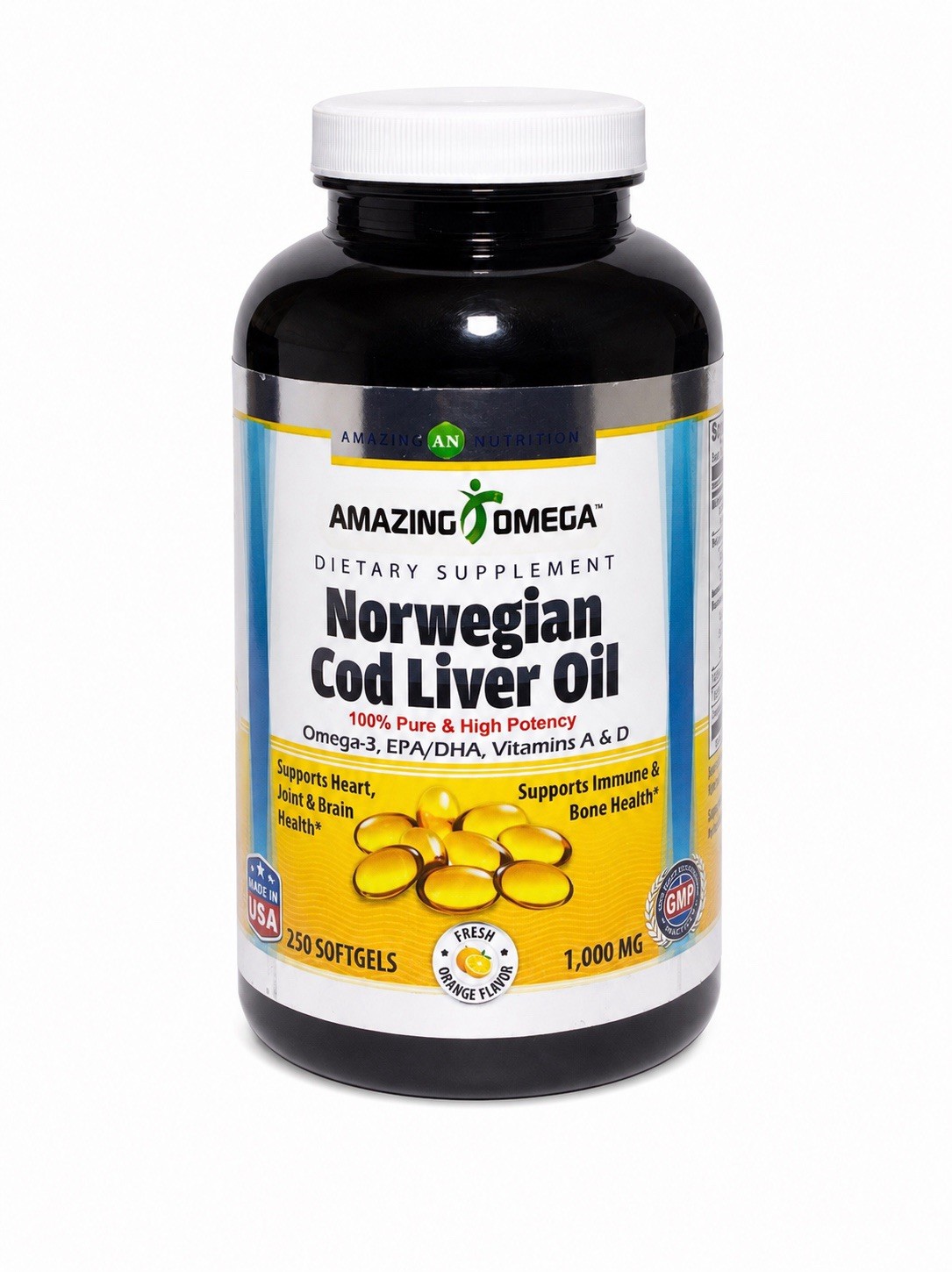 Norwegian Cod Liver Oil 1000mg 250 Softgels Omega 3 EPA DHA Orange Flavor