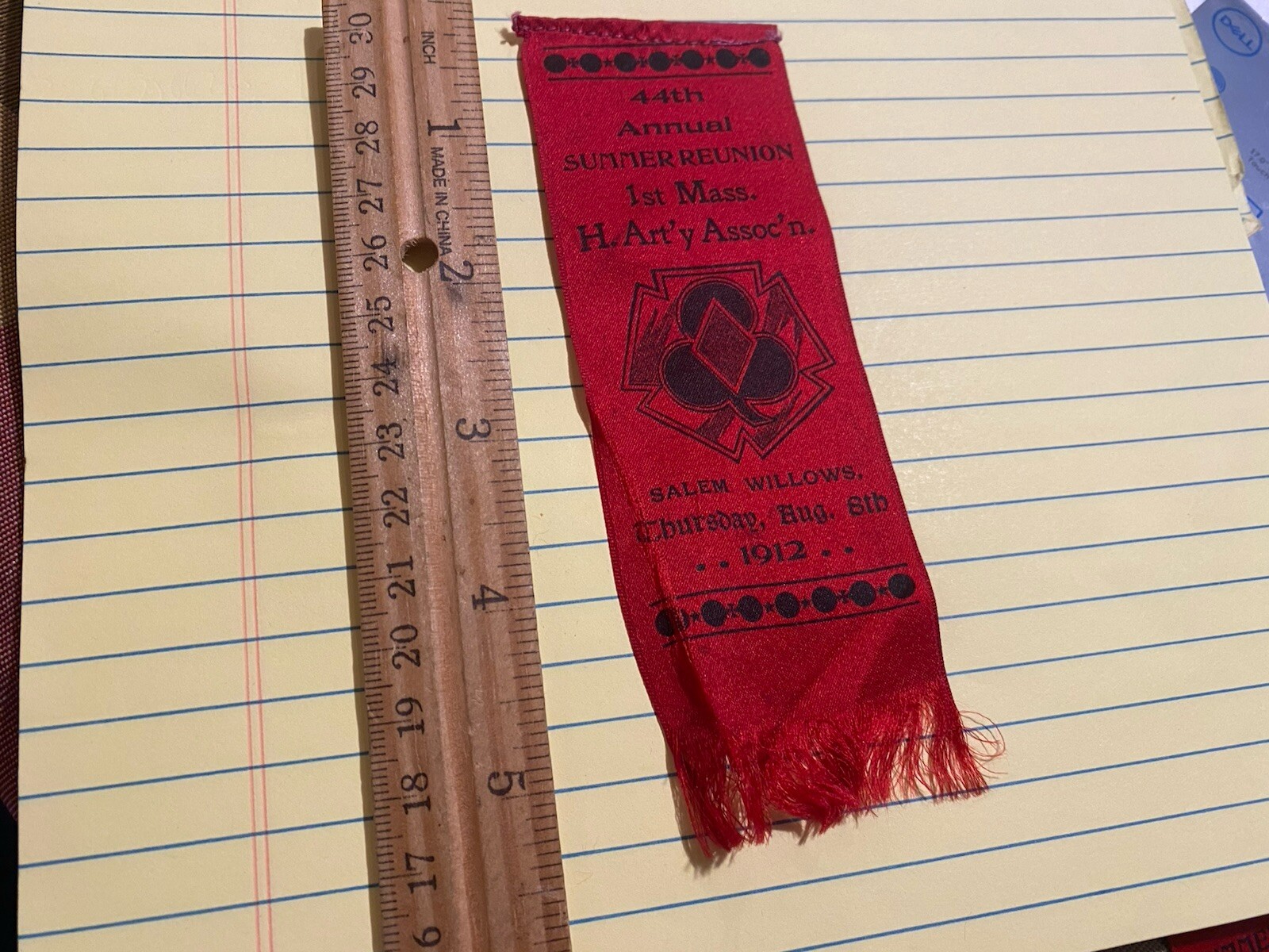1912 GAR SUMMER REUNION RIBBON - 1ST MASSACHUSETTS HEAVY ARTILLERY SALEM WILLOWS