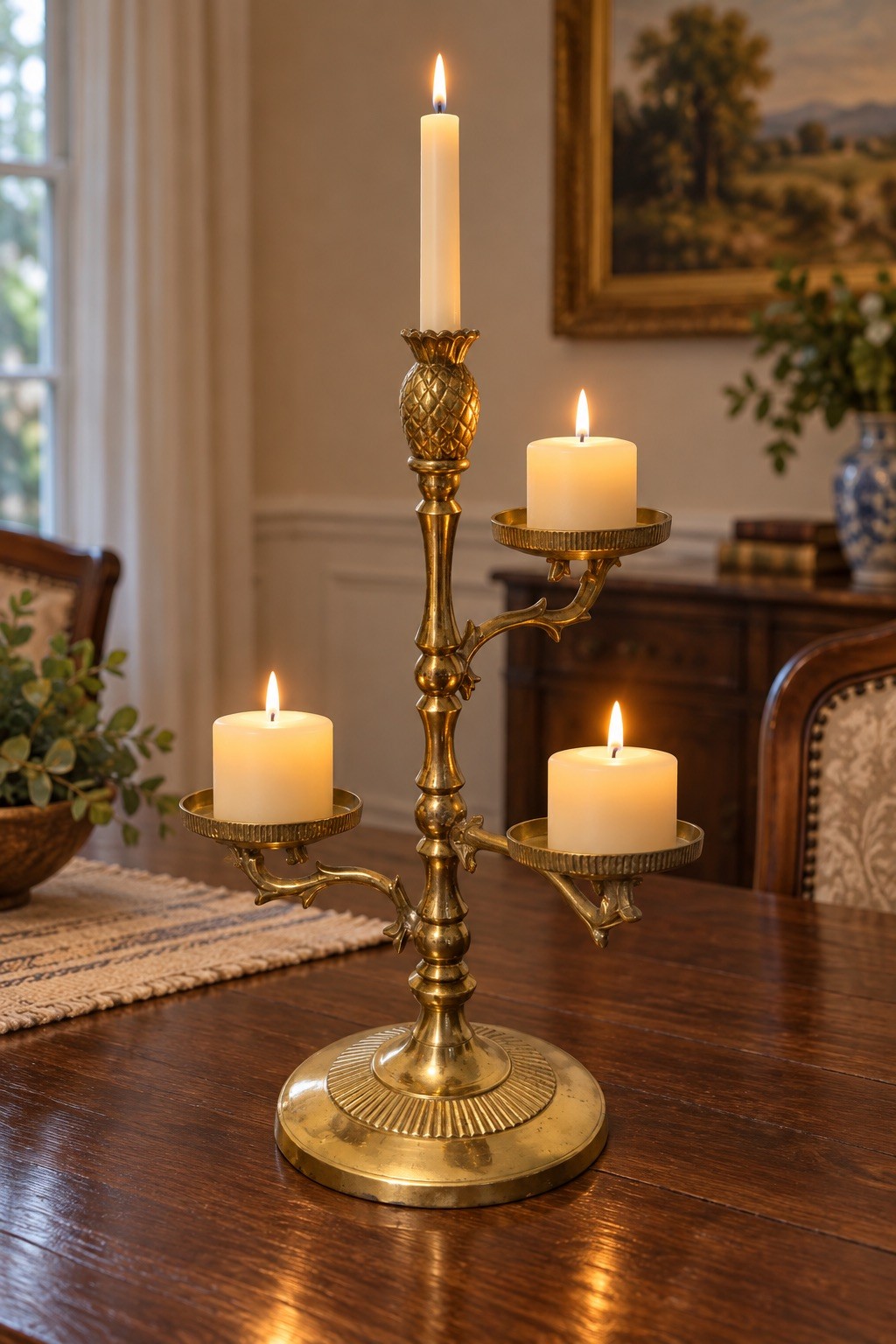 Vintage Brass Pineapple 4 Candle Holder Tiered Candelabra Made in India
