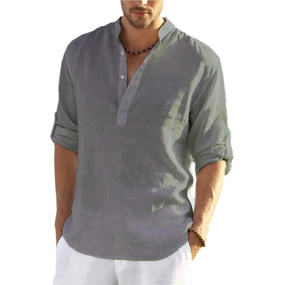 Men's Cotton Linen Henley Long Sleeve Shirt Casual Beach T-shirt Tee Summer Gift
