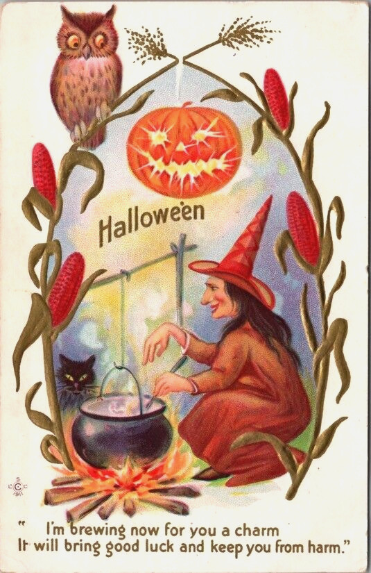 Antique Halloween Postcard Witch Stirring Potion Cauldron Cat JOL Pumpkin Owl Antique Halloween Postcard Witch Stirring Potion Cauldron Cat JOL Pumpkin Owl