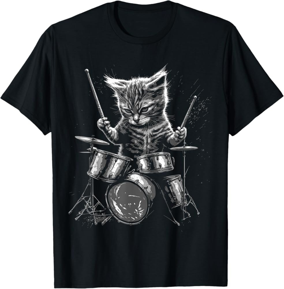 Cute Skeleton Cat Drumming T-Shirt Halloween Musician Cotton Graphic Tee