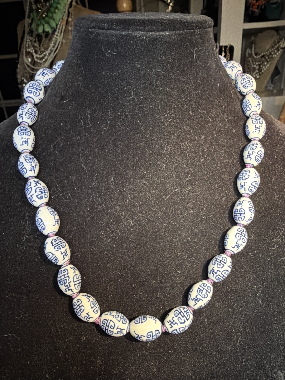 Vintage Chinese Blue White Porcelain Shou longevity Beaded Necklace 24 Inches Vintage Chinese Blue White Porcelain Shou longevity Beaded Necklace 24 Inches