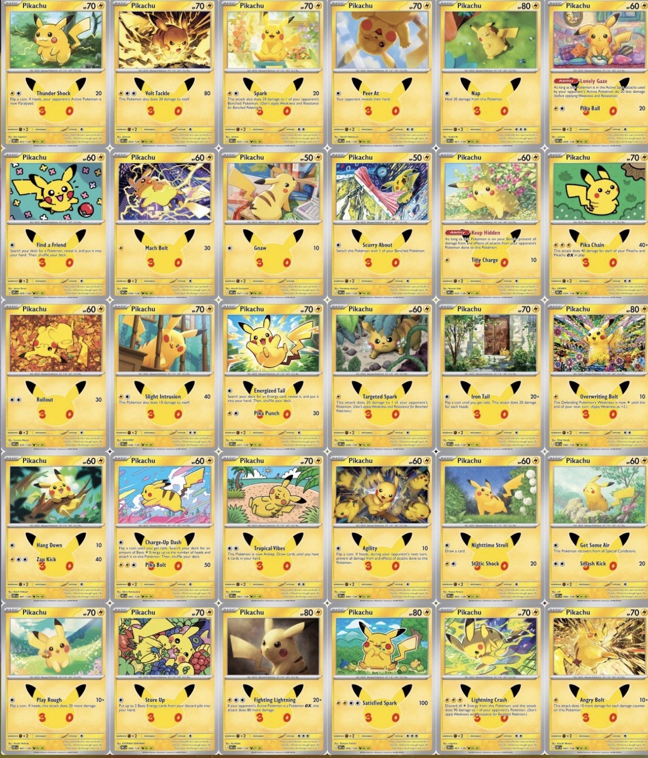 Pikachu 30th Anniversary Celebration Pokemon TCG Pikachu Holo Complete Set
