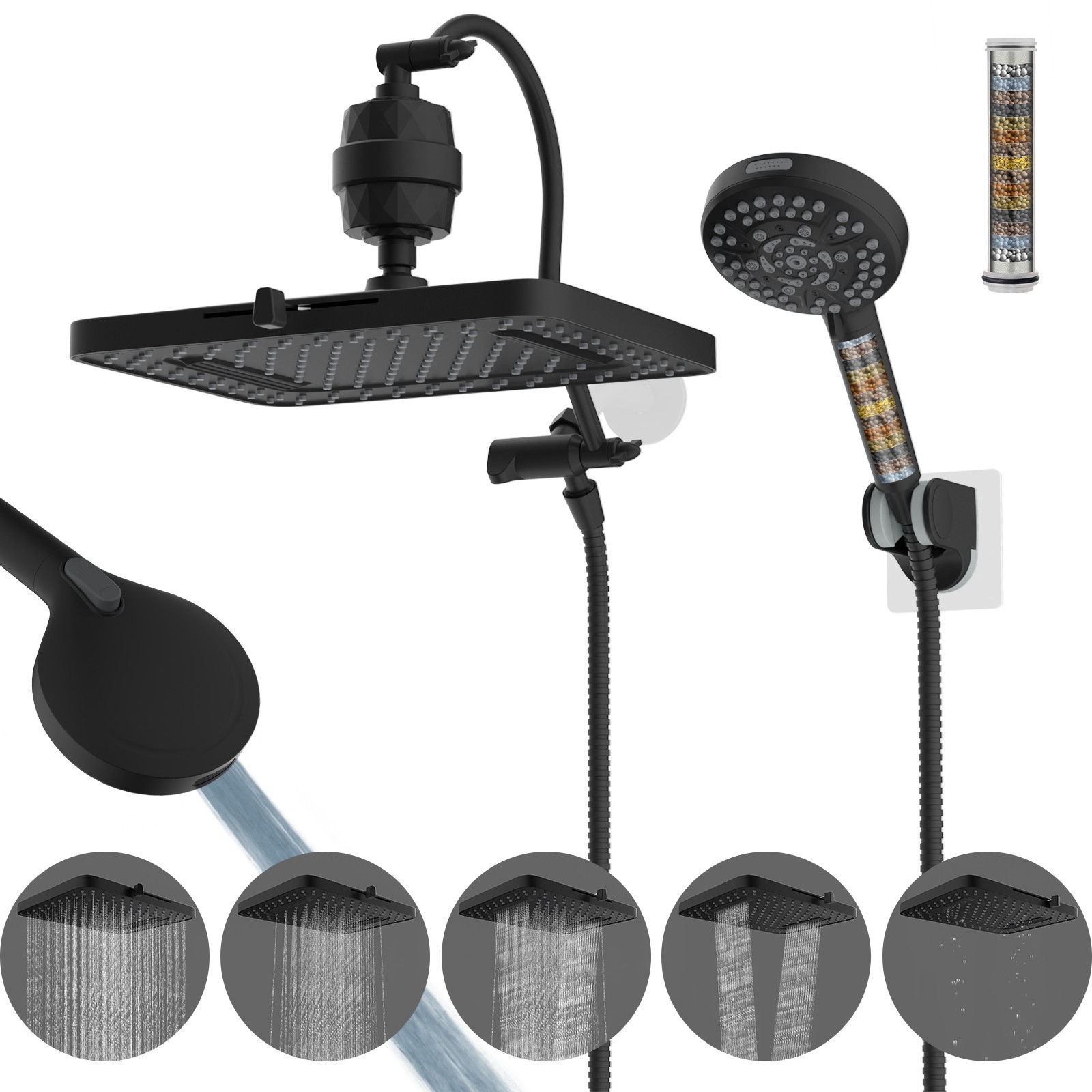 Upgraded 13\'\' Dual Filtered Rainfall Shower Head Combo with Handheld Spray Black Upgraded 13\'\' Dual Filtered Rainfall Shower Head Combo with Handheld Spray Black