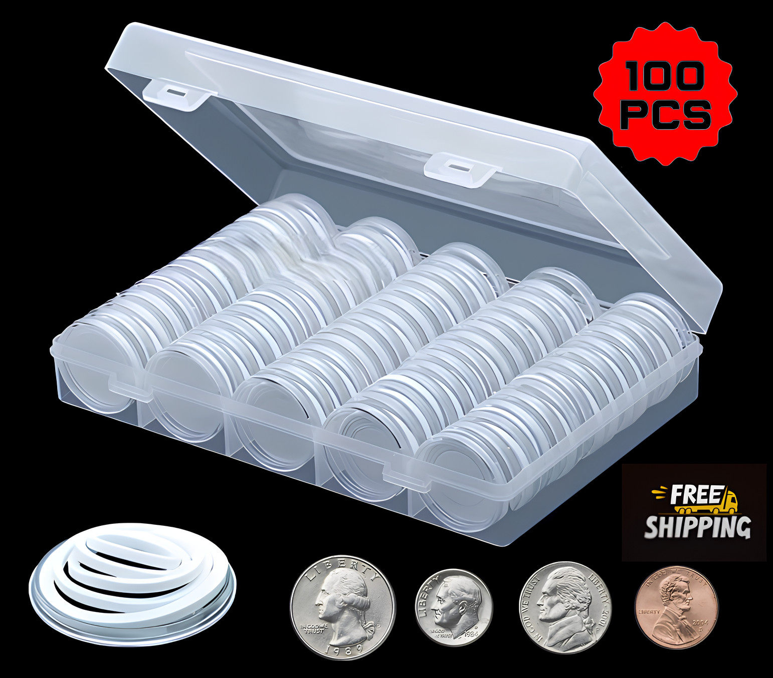 100 PCS 30MM Clear Round Coin Capsules Plastic Coin Holders White Gaskets Box US