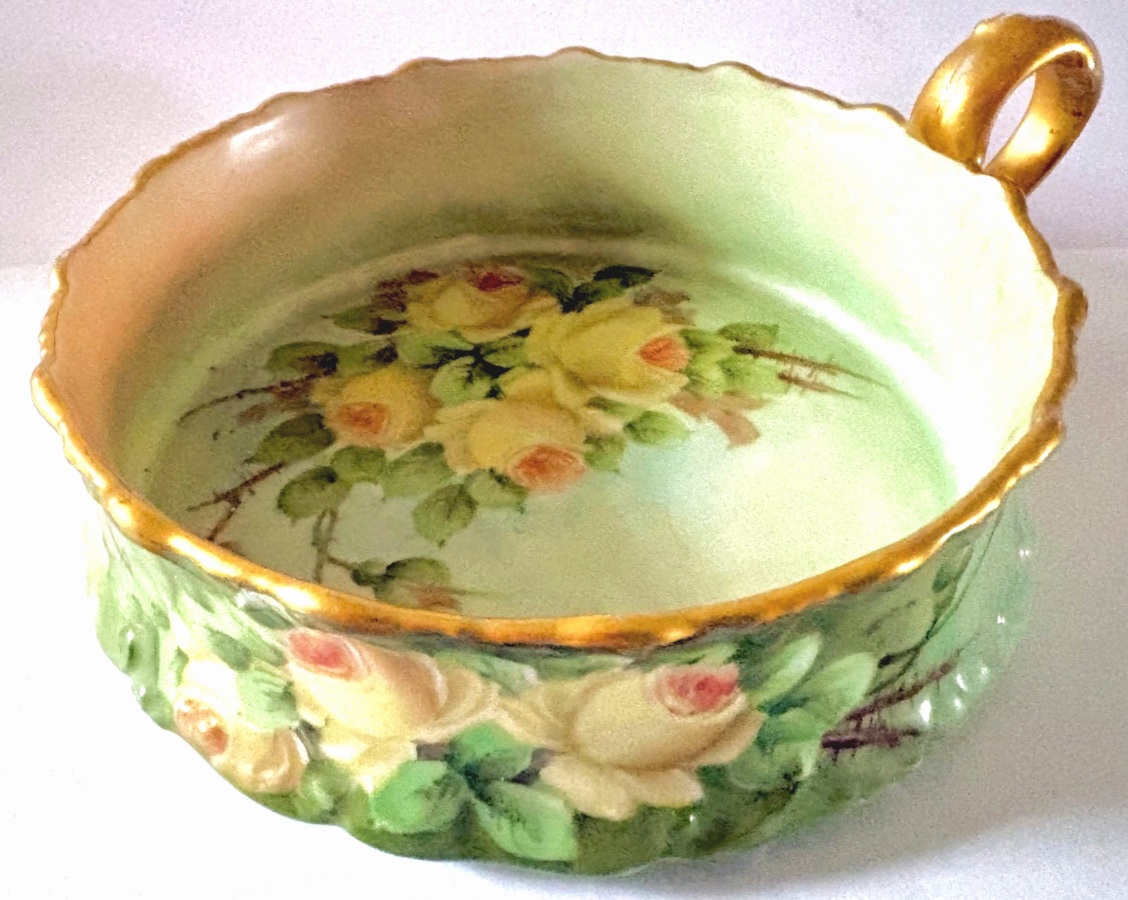 Antique T & V Limoges France Hand Painted Yellow Rose Bonbon Dish Handle