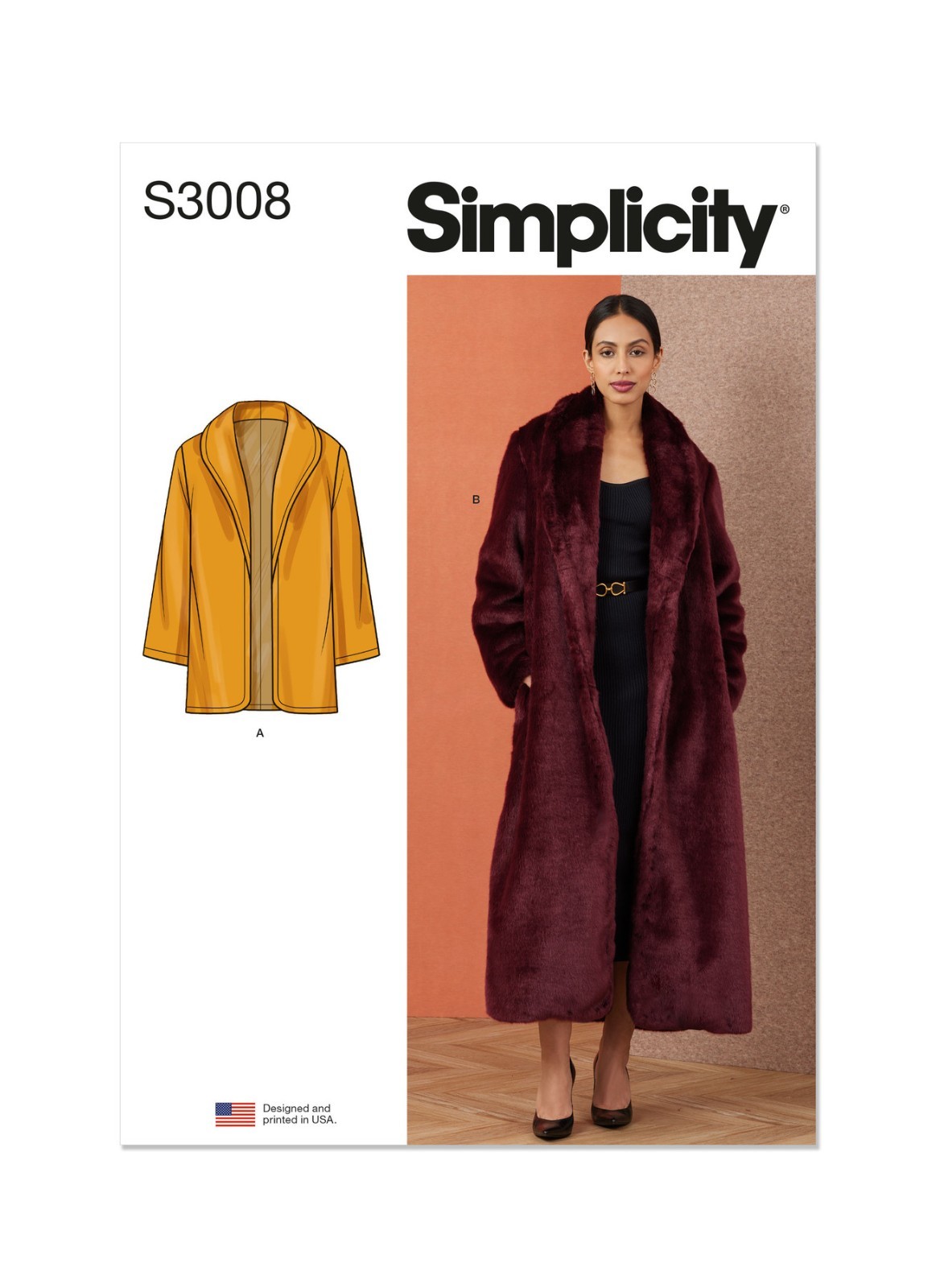Simplicity 3008 Sz 18-26 Shawl Collar Coat Fur Wool Warm Full Length Pattern