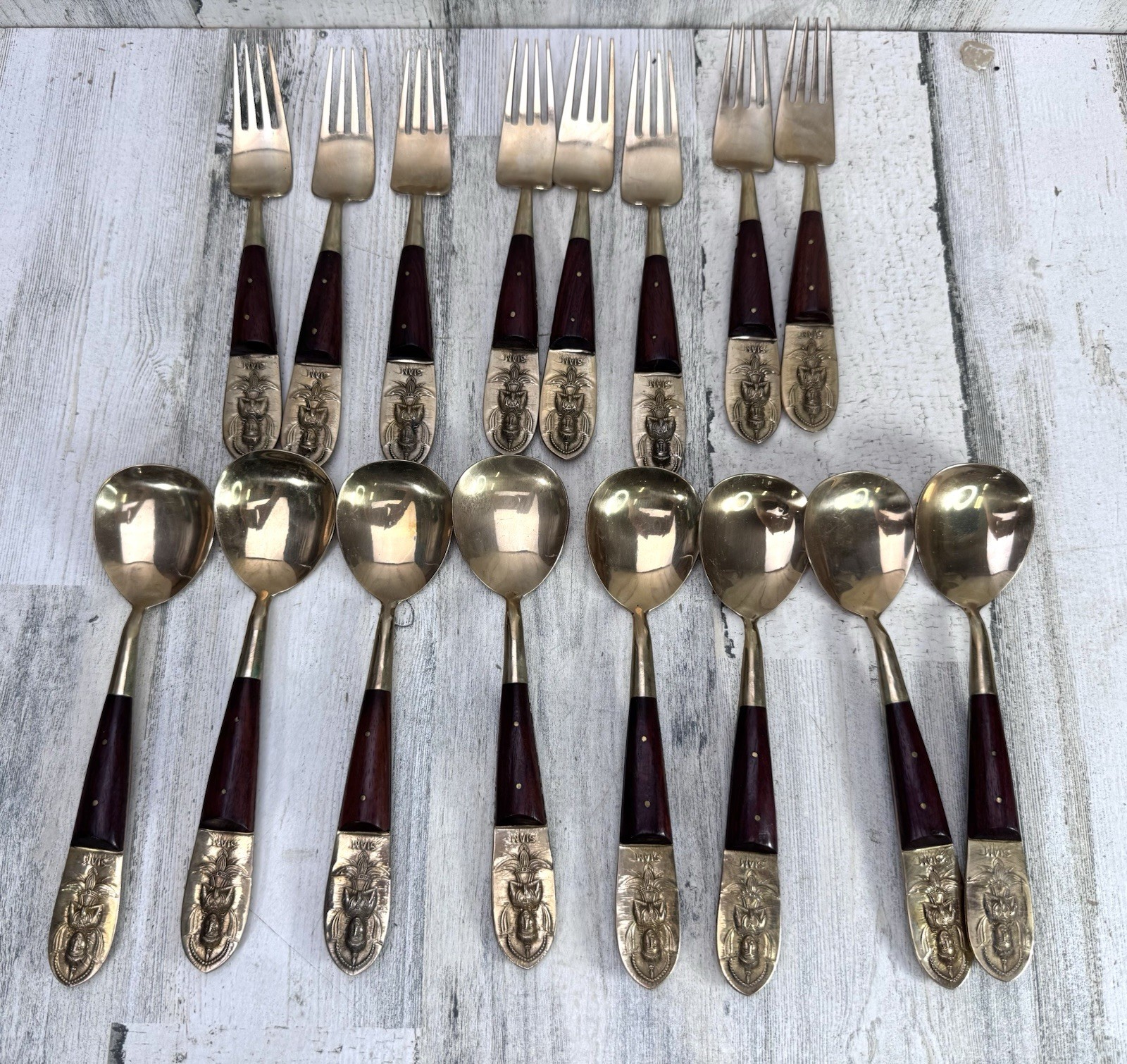 Vtg Siam Thailand Brass & Wood Flatware 16 Pc Thai Dancer Gold Tone Buddha Zen Vtg Siam Thailand Brass & Wood Flatware 16 Pc Thai Dancer Gold Tone Buddha Zen
