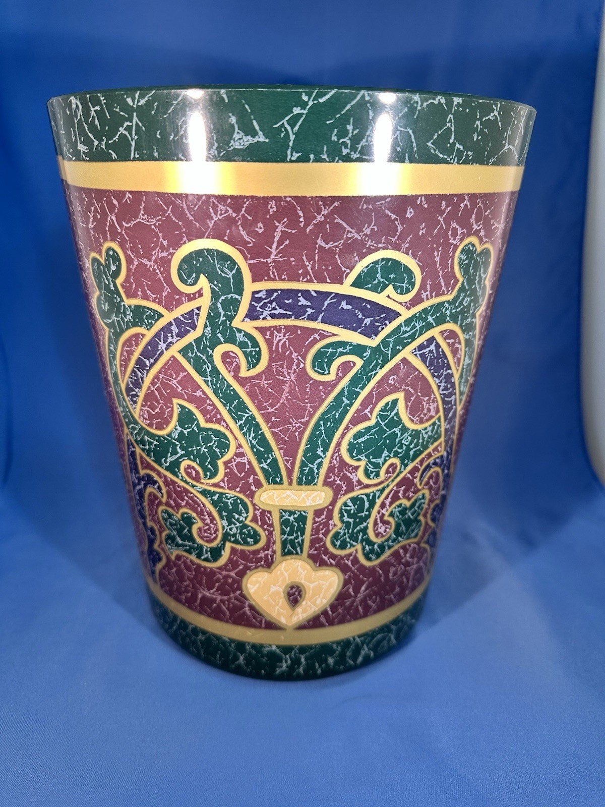 Vintage 1990s Green, Purple & Gold Plastic Wastebasket Vintage 1990s Green, Purple & Gold Plastic Wastebasket