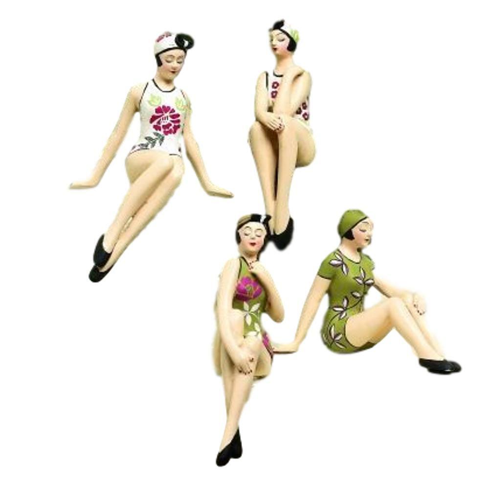 Retro Bathing Beauty Figurine 4pc Set 1920s Swim Suit Floral Tropical Print