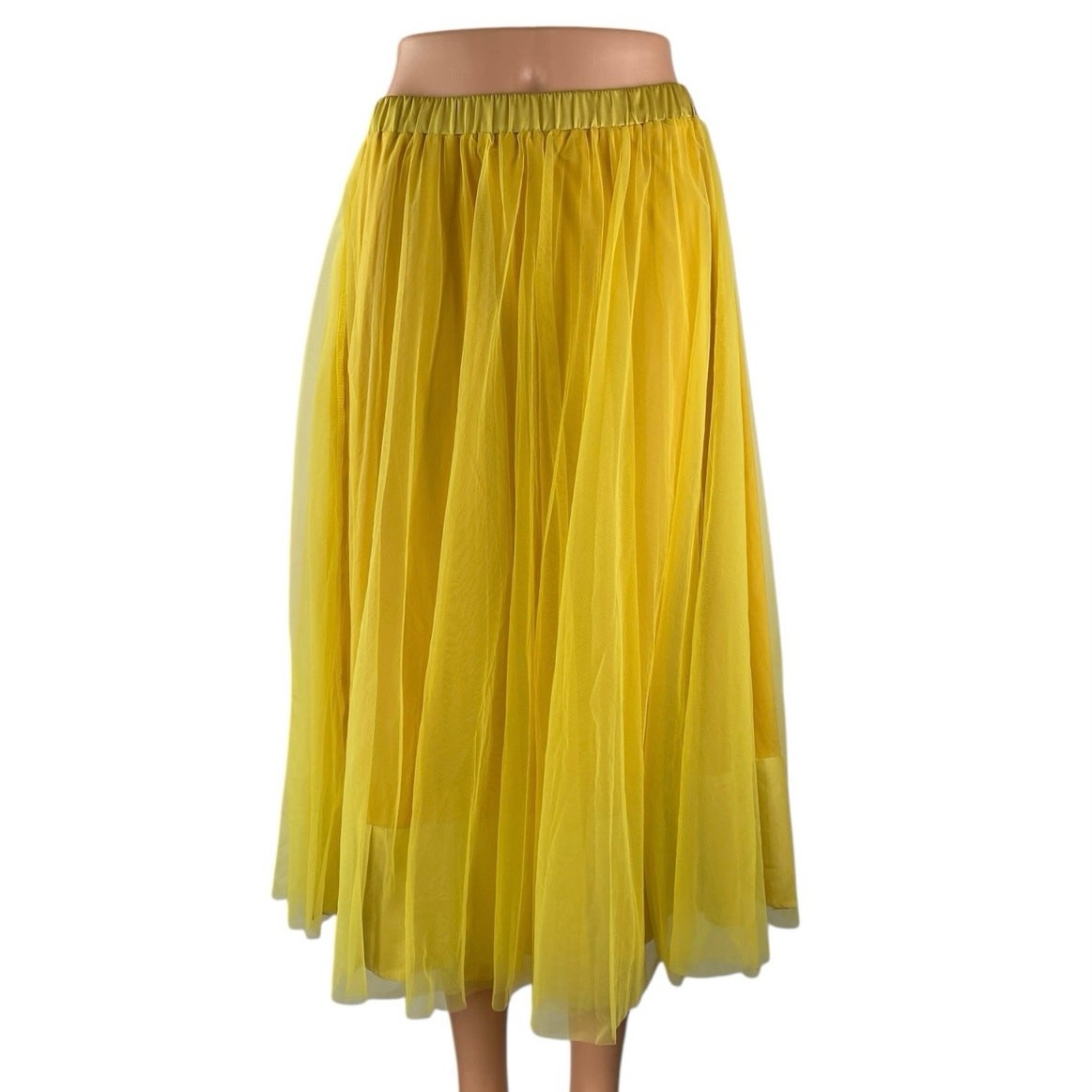 NEW Stylewe Women\'s Yellow Mesh Tulle High Waisted Midi A-Line Flared Skirt S