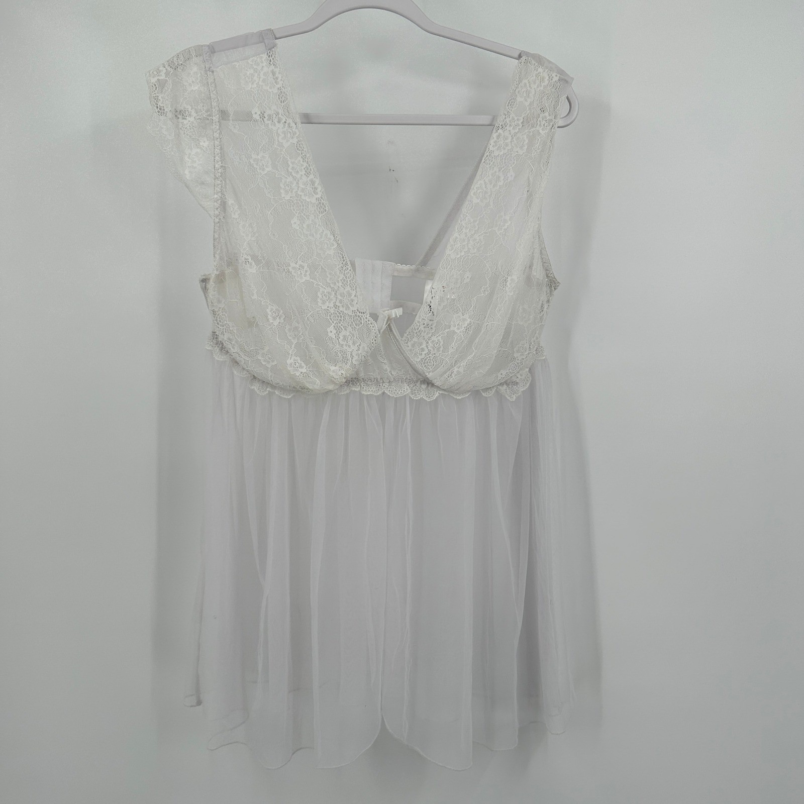 Womens Coquette White Lace Sheer Mesh Babydoll Chemise Top Sz 2X Fairy Ethereal