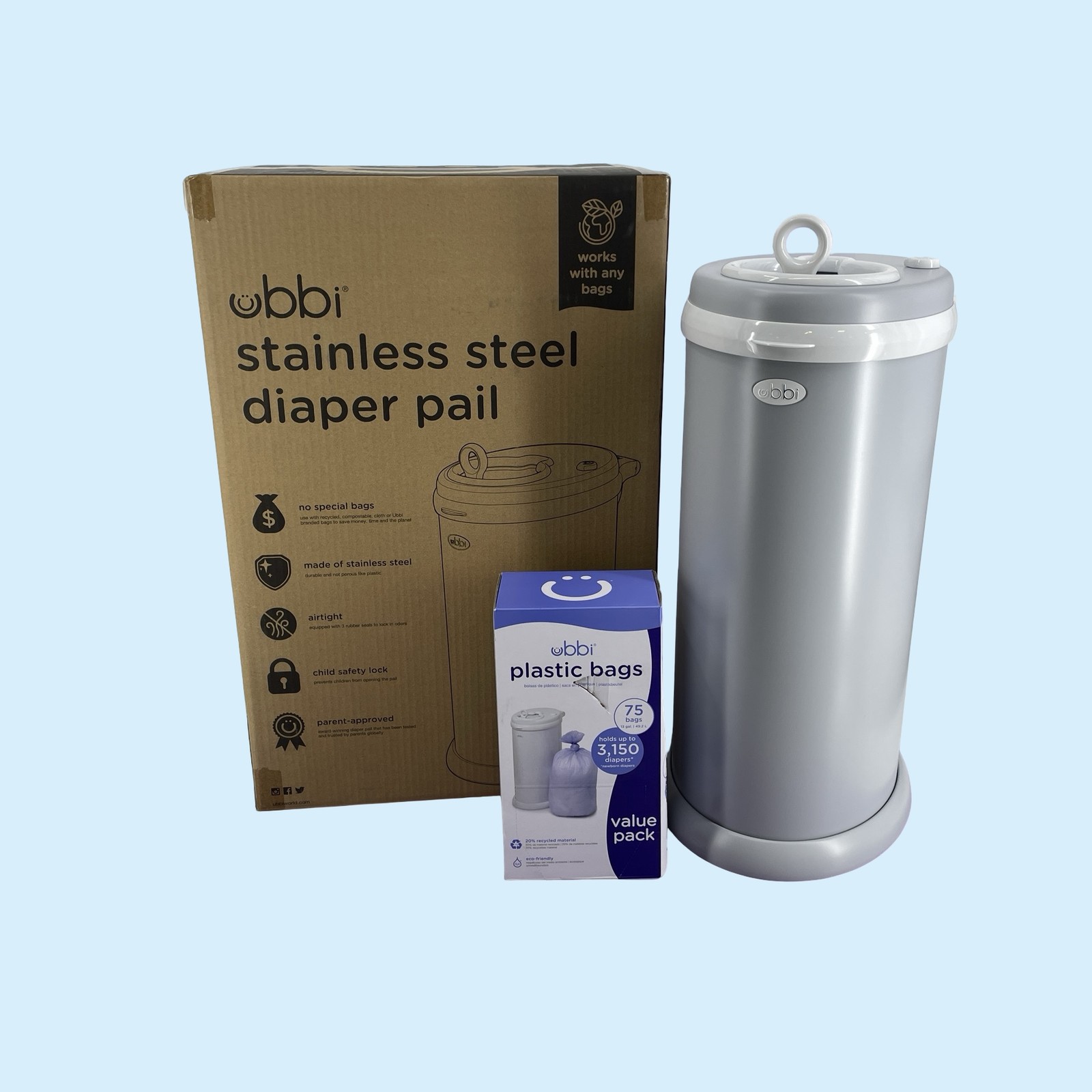 Ubbi Steel Diaper Pail Odor Locking Grey - w/ 75 Plastic Bags #NO0867 Ubbi Steel Diaper Pail Odor Locking Grey - w/ 75 Plastic Bags #NO0867