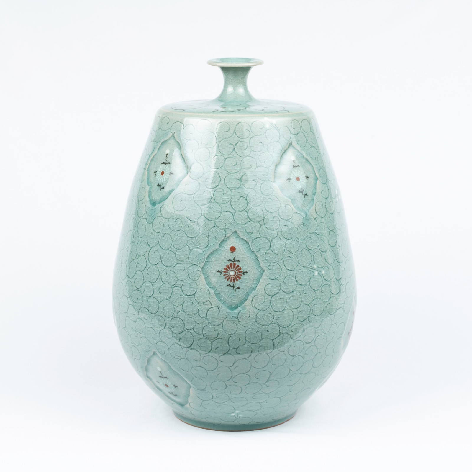 Large Korean Celadon Flower Vase with Inlaid Chrysanthemum and Arabesque Design