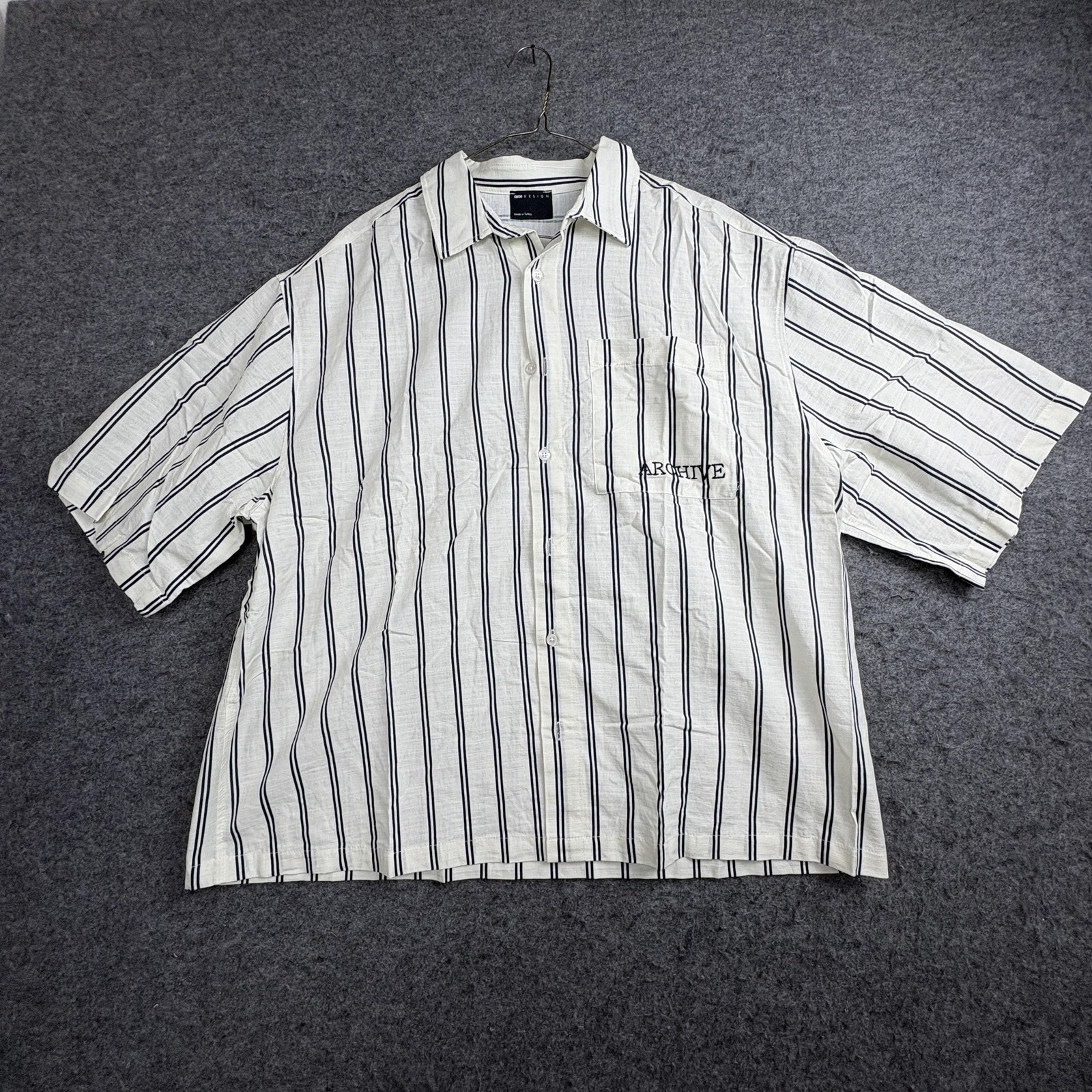 ASOS Design Boxy Archive Shirt Mens Large White Stripe Short Sleeve Button Up