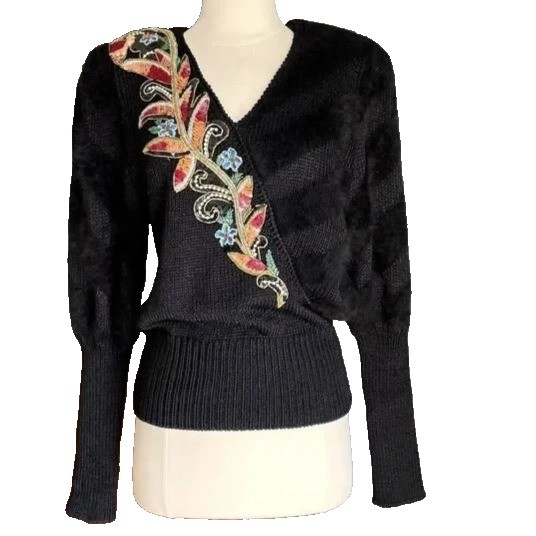 Vtg Black Beaded V-neck Sweater Juliet Sleeve Shoulder Pads S Vtg Black Beaded V-neck Sweater Juliet Sleeve Shoulder Pads S