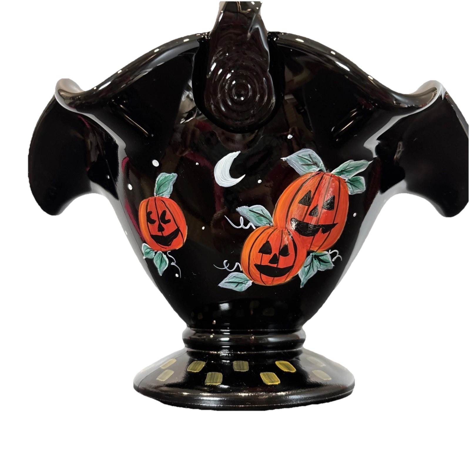 Black Fenton Painted Fall Autumn Halloween Glass Basket Twisted Handle Fluted