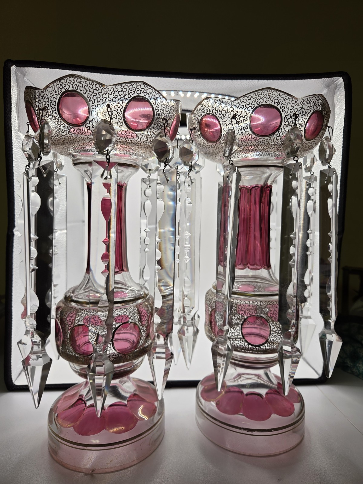 Pair Bohemian Cranberry Glass Mantel Lustres 12.5\