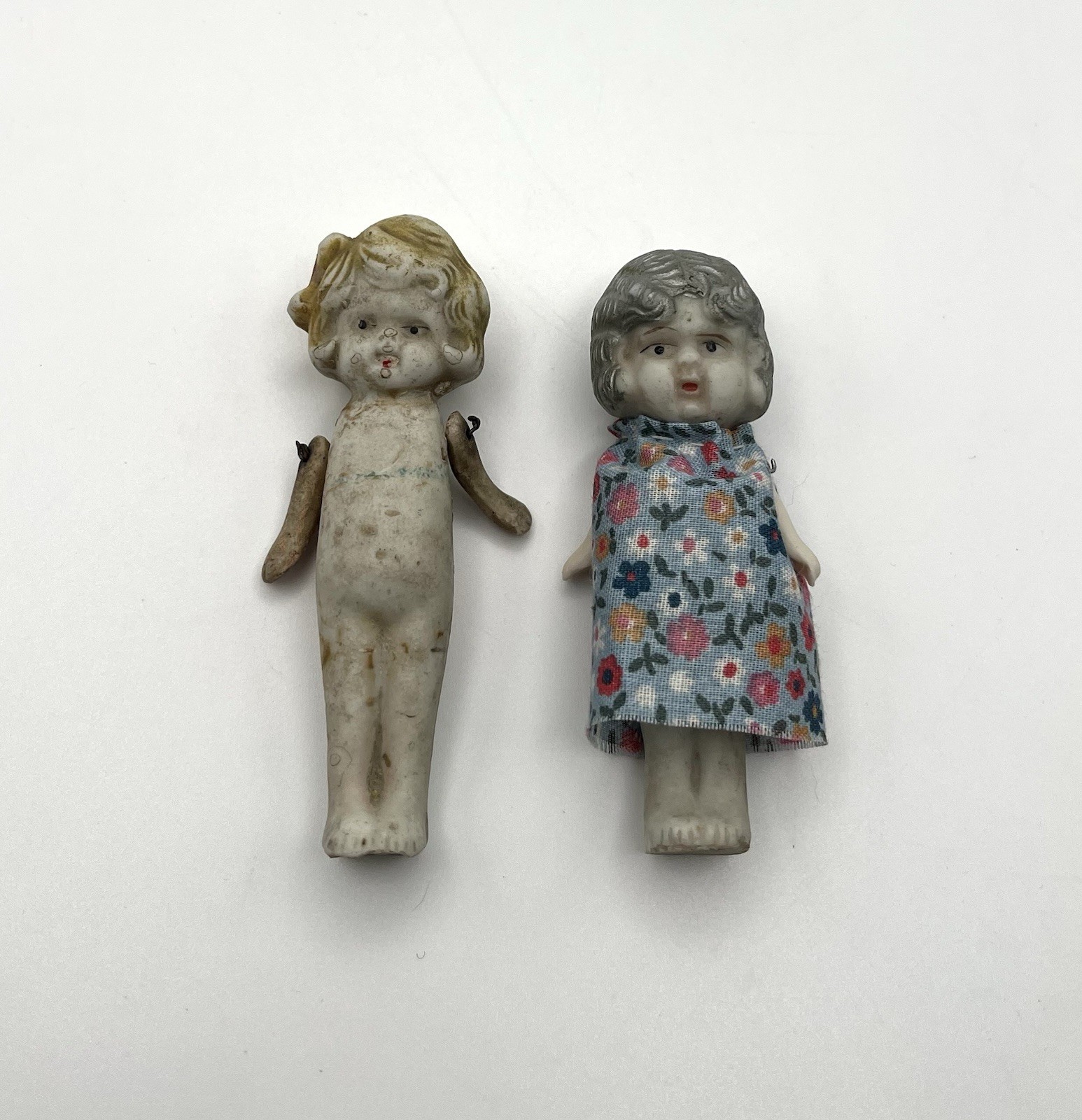 Antique 1920s Japanese Bisque Frozen Charlotte Style Dolls Lot of 2 Jointed Arms