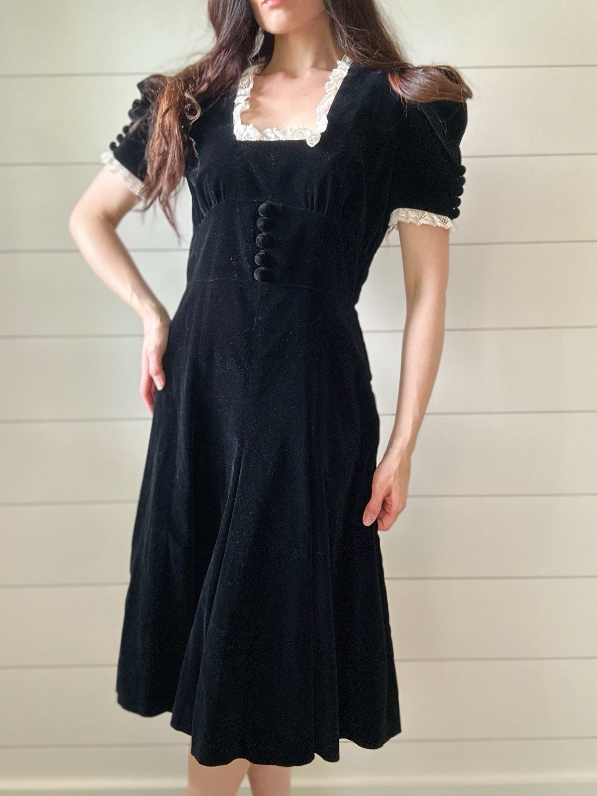 Vintage 1930s Black Velvet Dress KOOL-I-NOOR Zip Rare Puff Sleeve Bias Cut