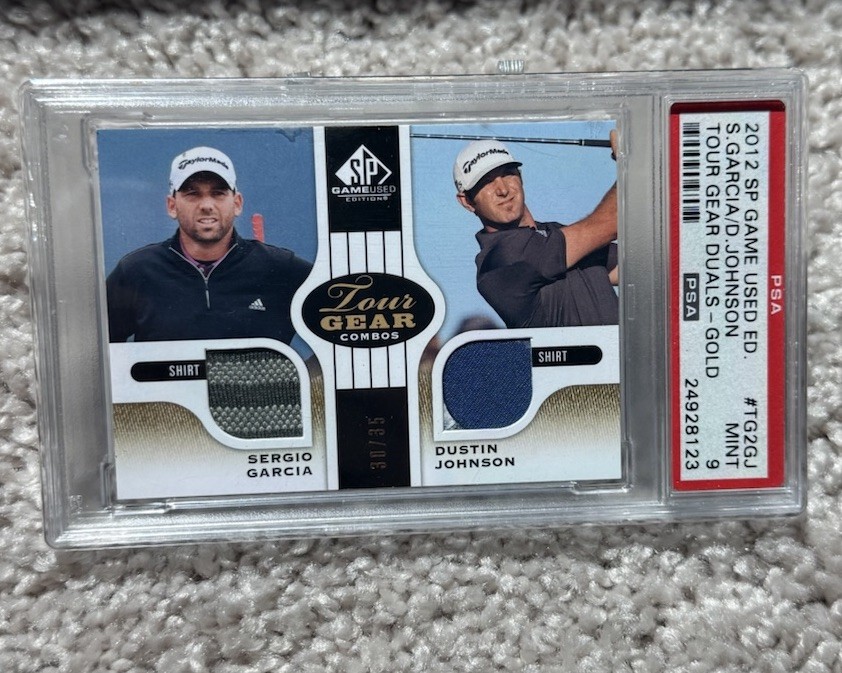 2012 SP Game Used Tour Gear Duals Gold Dustin Johnson Sergio Garcia PSA 9 POP 3 2012 SP Game Used Tour Gear Duals Gold Dustin Johnson Sergio Garcia PSA 9 POP 3