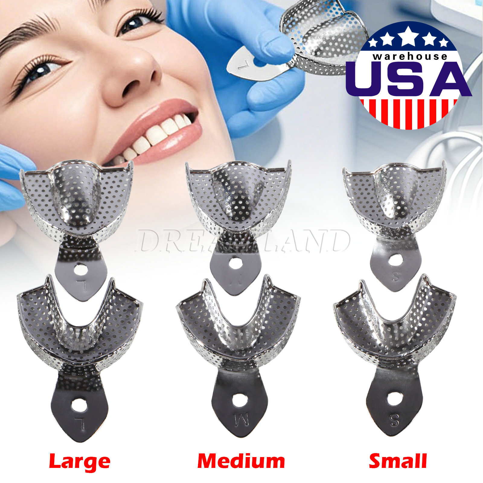 1-10pcs Dental STAINLESS STEEL Autoclavable Impression Tray S/M/L Upper/Lower US