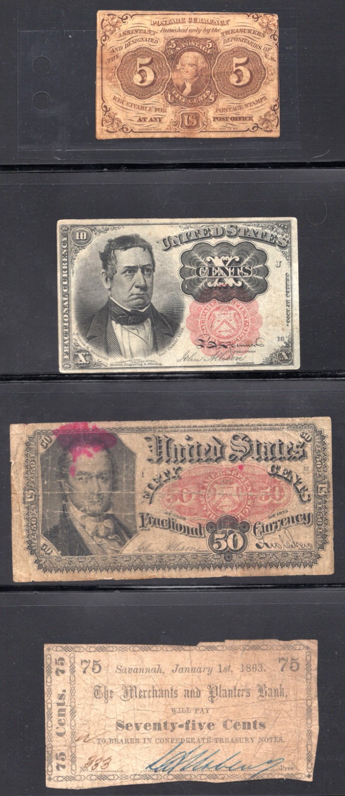 Us 1862-65 Civil War Provisionals, Fractional & Postage Currency, Four Different