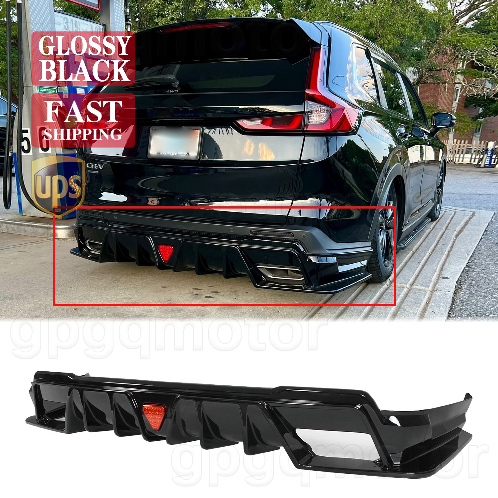 For Honda CR-V Hybrid Sport 2023-2026 Glossy Black Rear Bumper Diffuser W/ LED