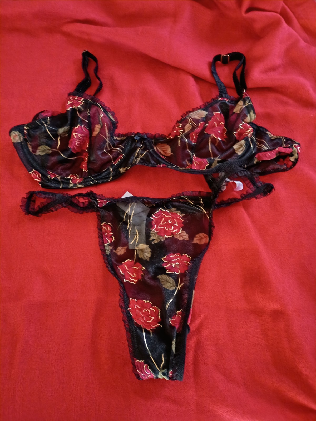 Vintage Red Roses On Black, 36C Bra, Large Thong by Secret Treasures EUC