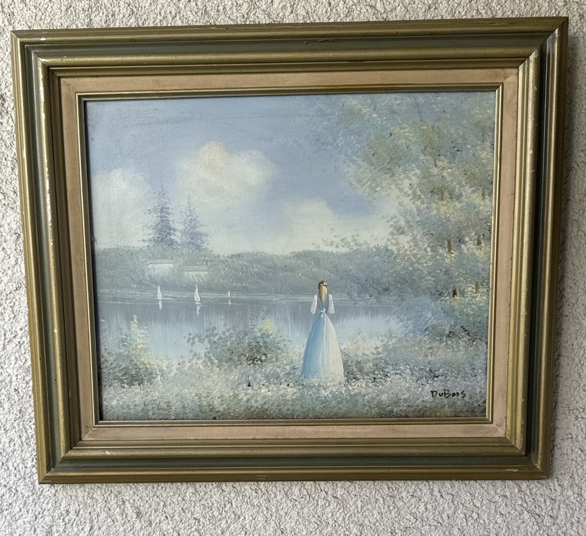 Vintage DuBois Oil Painting Lady by Lake Sailboats French Provincial Frame 22x26 Vintage DuBois Oil Painting Lady by Lake Sailboats French Provincial Frame 22x26