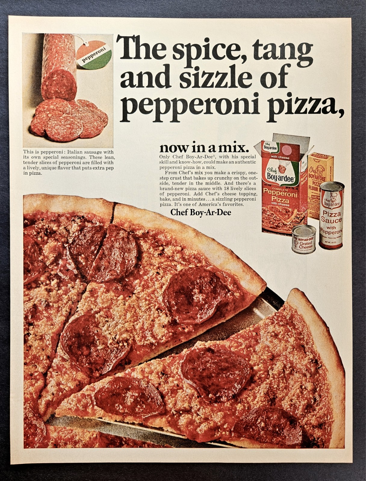 Vintage 1965 Chef Boy ar dee pepperoni pizza mix original advertisement