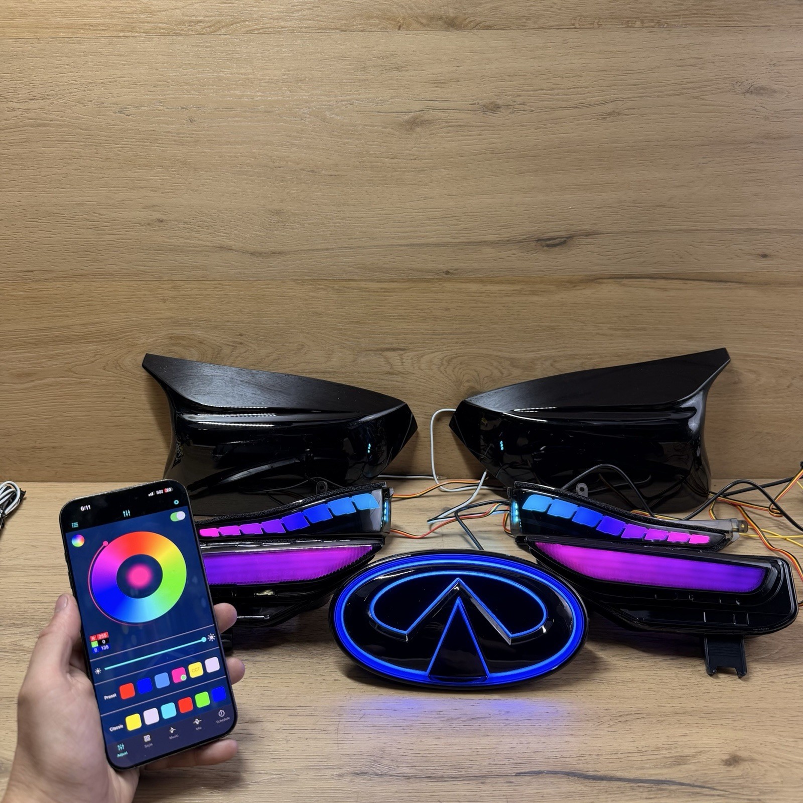🟢14-17 INFINITI Q50 RGB LED Sequential Signal SMOKED & FRONT EMBLEM GLOSS BLACK