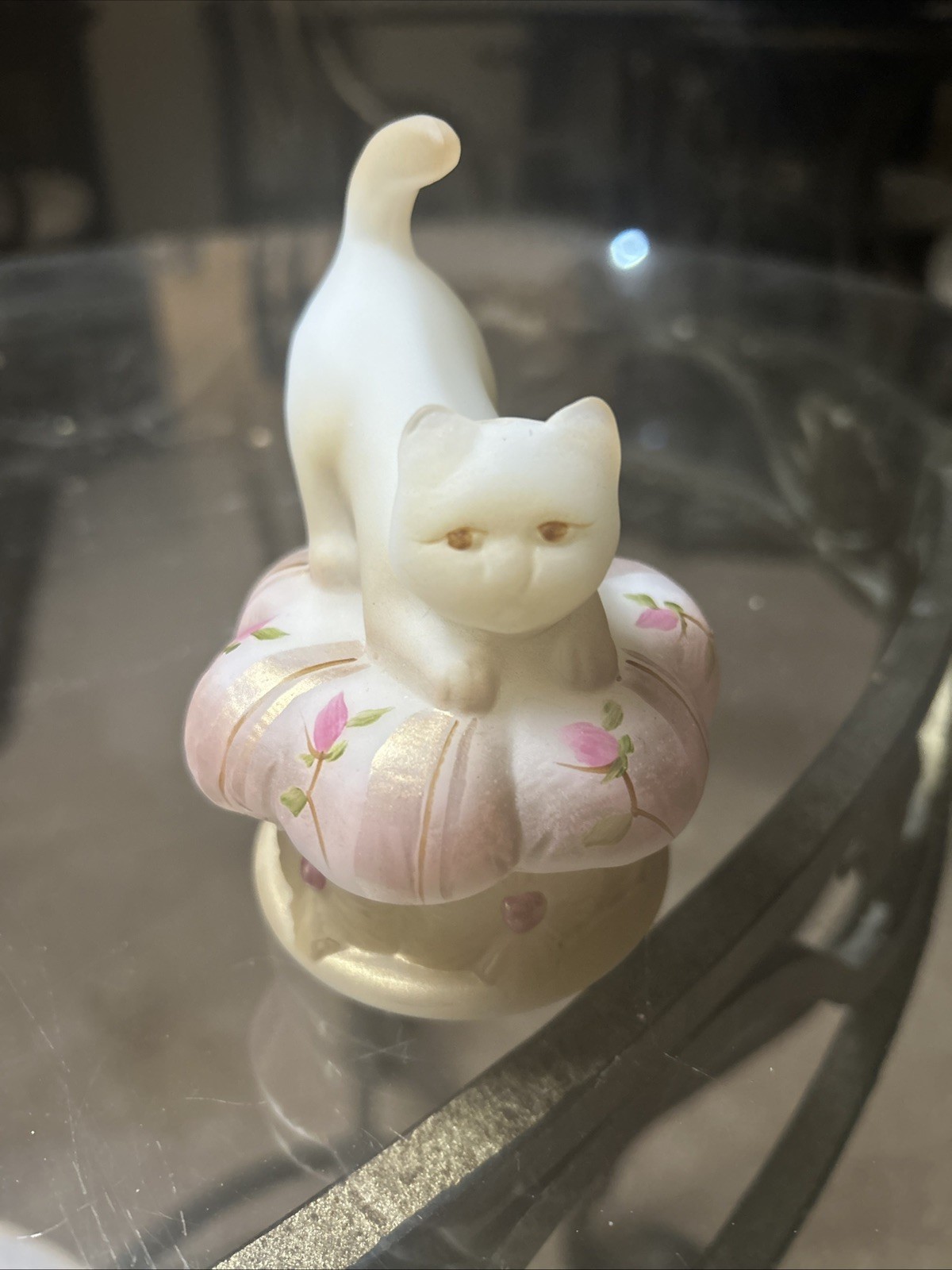 Fenton Satin Glass Cat on Pillow Covered Trinket Box - 5361 FP Fenton Satin Glass Cat on Pillow Covered Trinket Box - 5361 FP