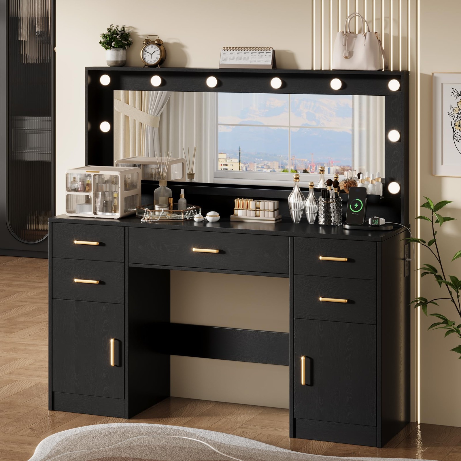 Black Makeup Vanity Desk LED Mirror Charging Station 44.8\ Black Makeup Vanity Desk LED Mirror Charging Station 44.8\