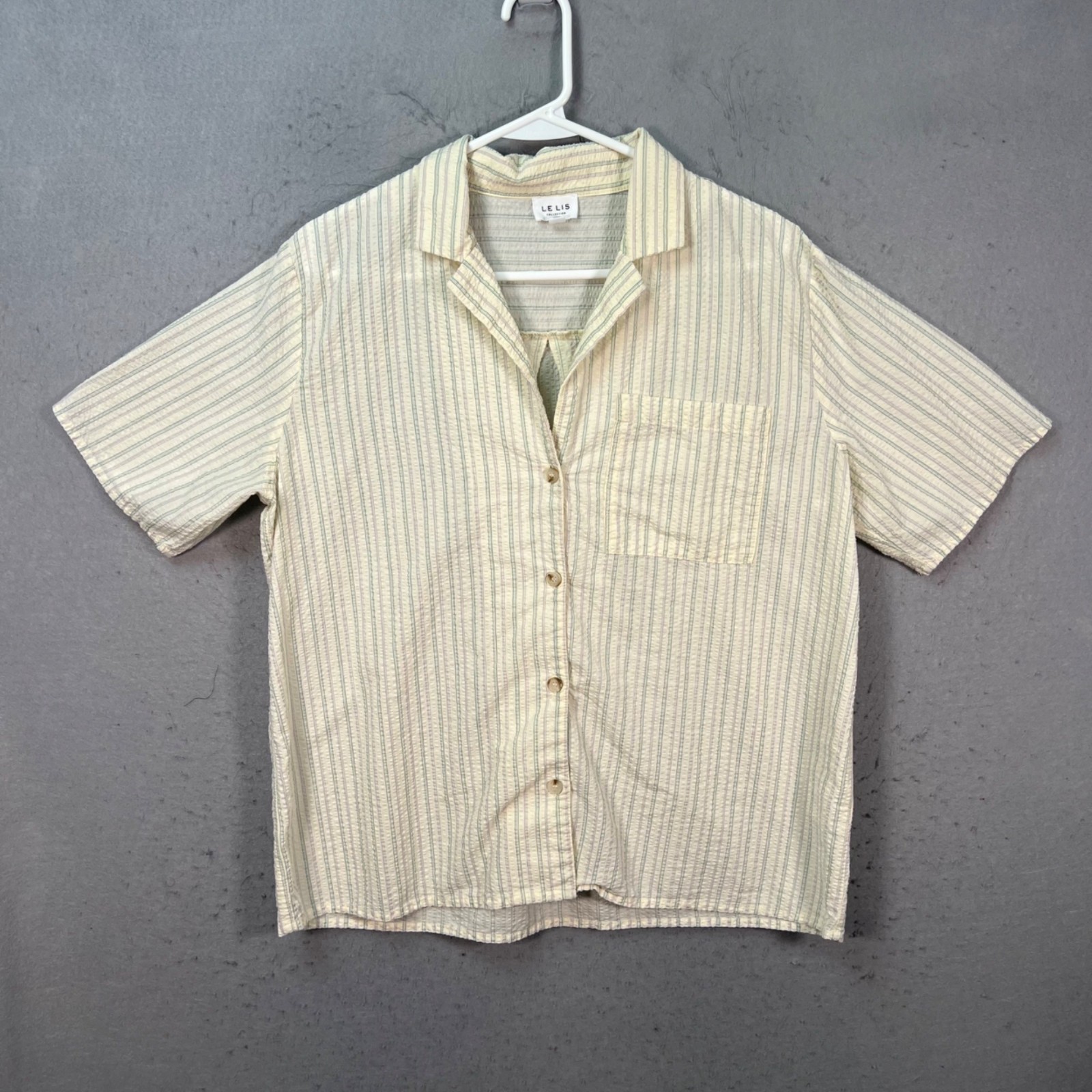 Le Lis Collection Medium Striped Short Sleeve Button-Up Shirt Beige 100% Cotton