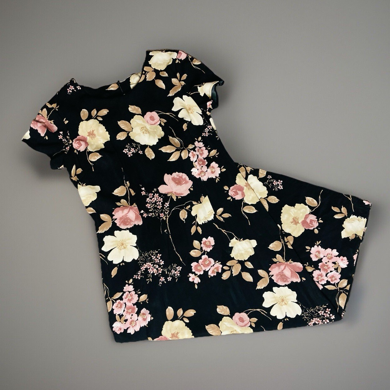 Vintage Studio Ease Sz 12 Black Rose & Cream Floral Zip Maxi Shift Summer Dress Vintage Studio Ease Sz 12 Black Rose & Cream Floral Zip Maxi Shift Summer Dress