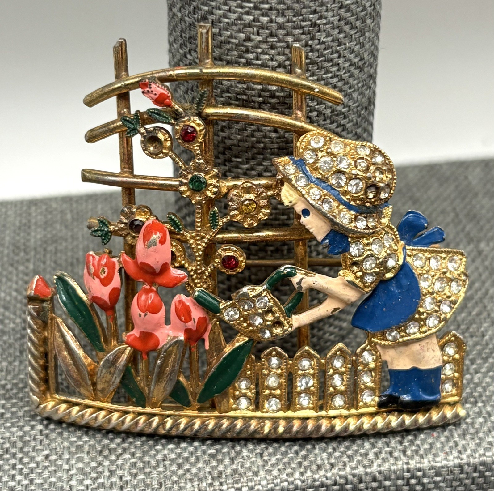 VTG Mistress Mary Enamel Rhinestone Girl Watering Flowers Pot Metal Pin Brooch