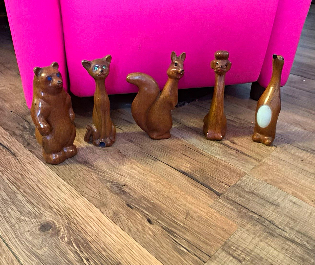Vintage MCM Faux Wood Plastic Animal Figurine Lot of 5 Rhinestone Eyes Hong Kong Vintage MCM Faux Wood Plastic Animal Figurine Lot of 5 Rhinestone Eyes Hong Kong