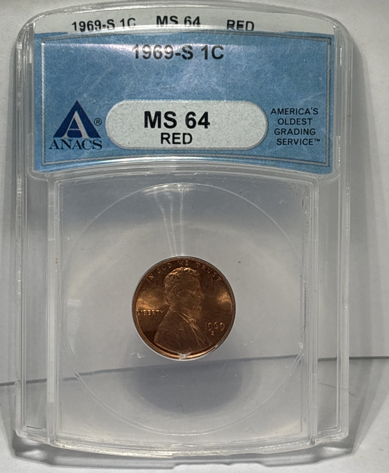 1969-S Lincoln Cent - ANACS MS64 Red (Die Error*) 1969-S Lincoln Cent - ANACS MS64 Red (Die Error*)