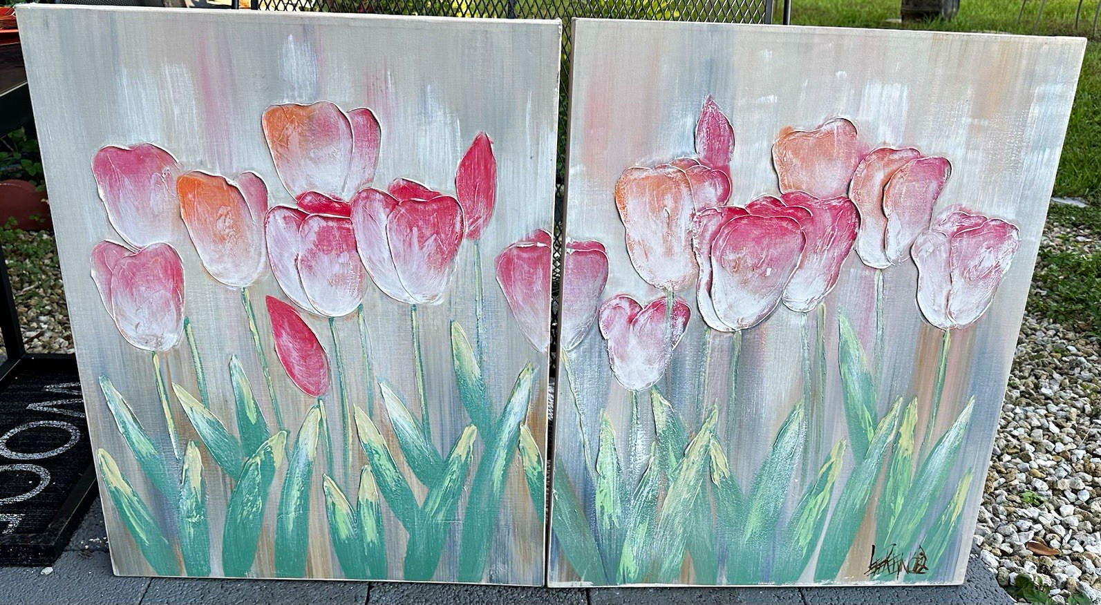 1980s Lee Reynolds Tulip Paintings, a Pair Oil on Canvas Retro Gem Signed