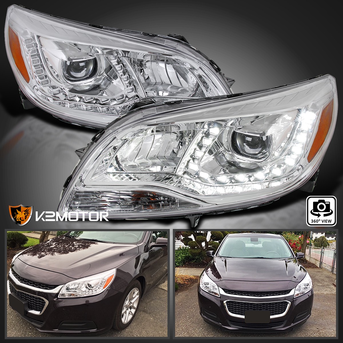Fits 2013-2015 Chevy Malibu LED Strip Projector Headlights Lamp Left+Right 13-15