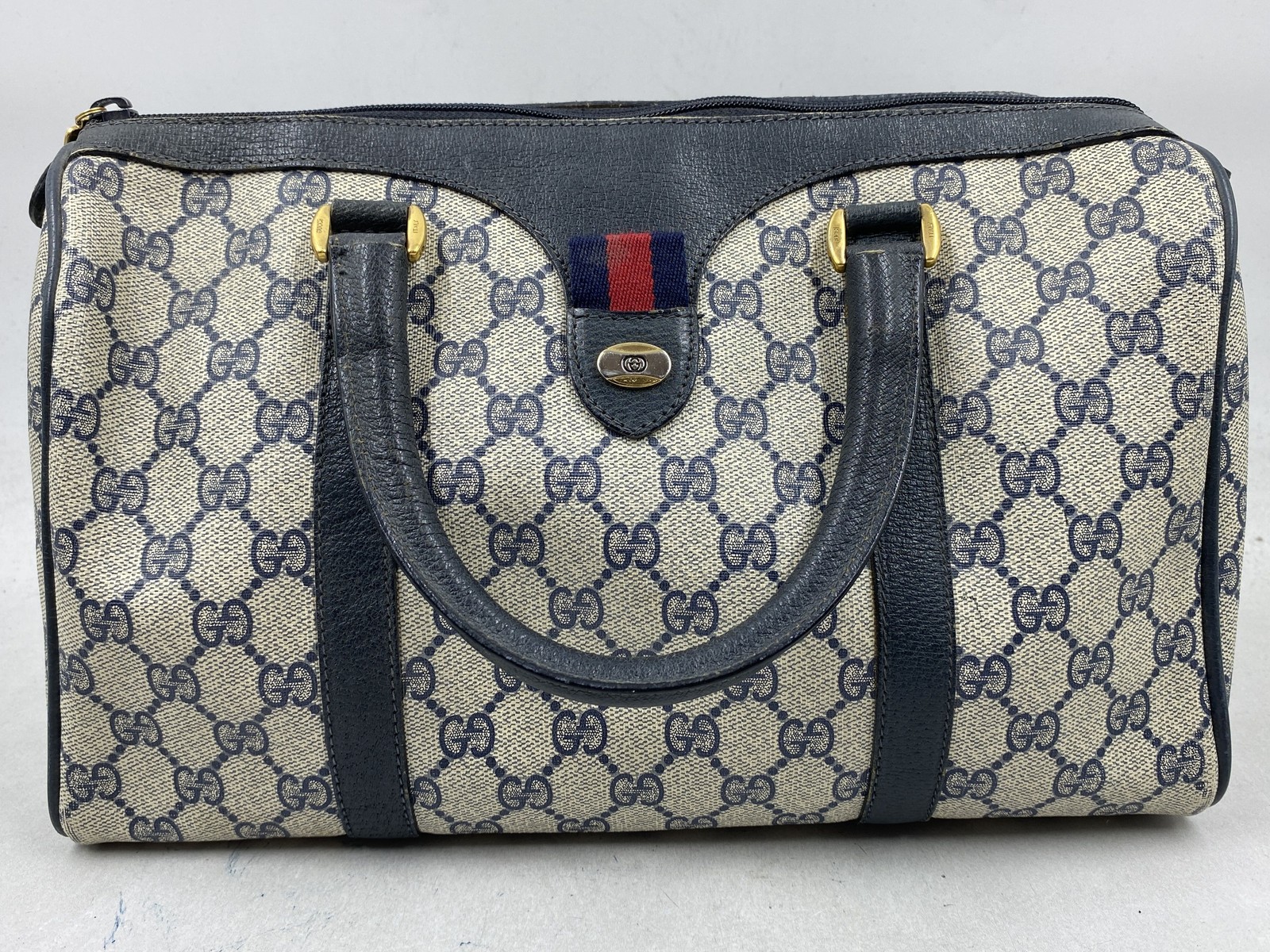 Vintage 80s Gucci Accessory Collection Navy GG Canvas Speedy Satchel Bag