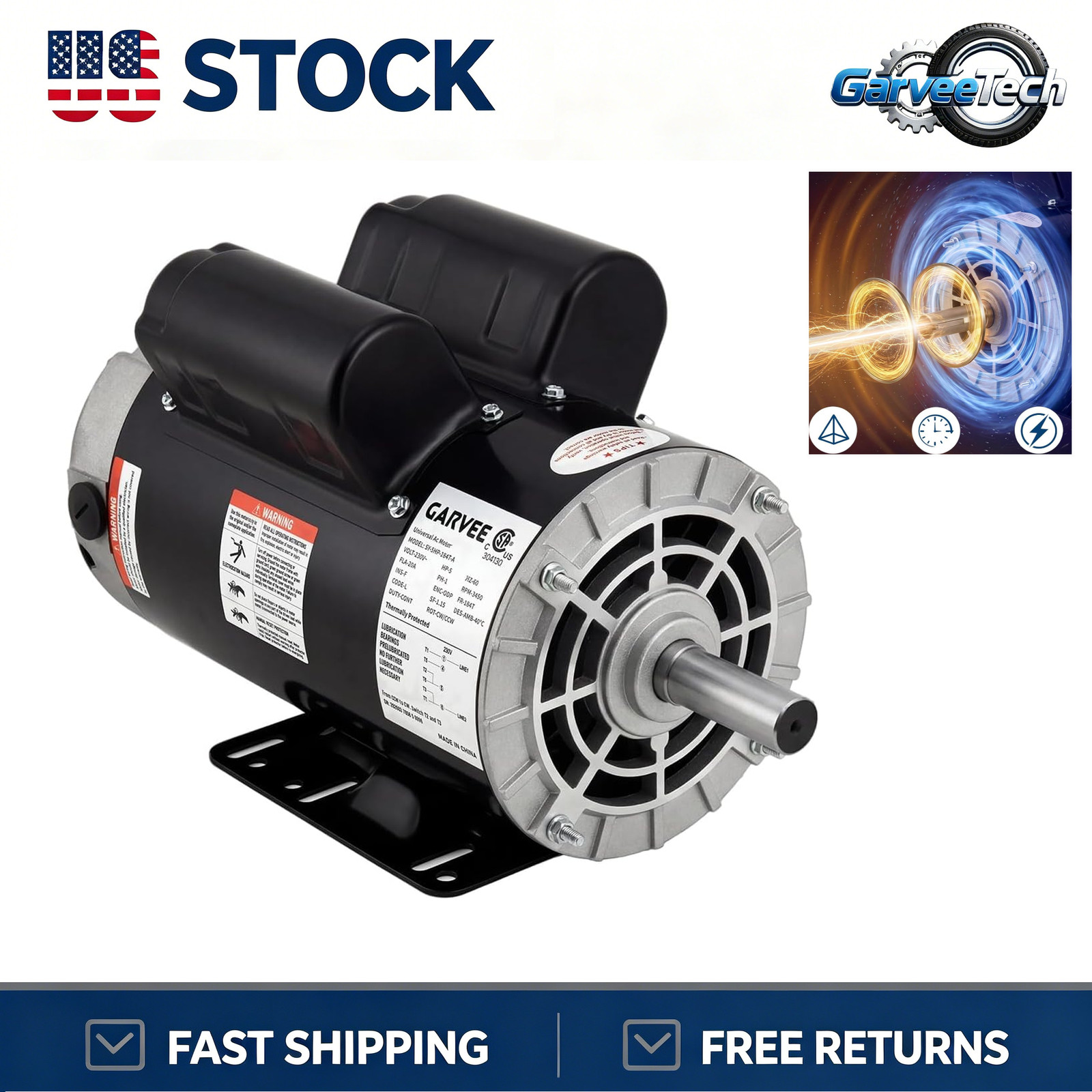 5HP SPL Air Compressor Motor 230V 3450RPM 56 Frame 5/8\