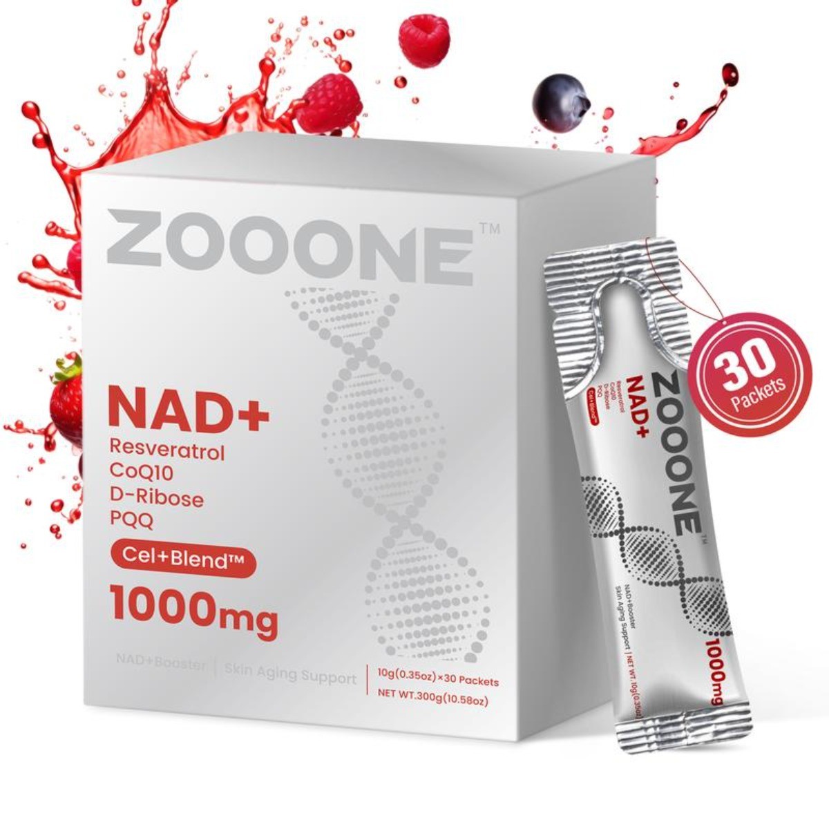 ZOOONE NR1000 NAD+ Berry Drink Mix for Skin Aging Support, Energy & Focus/