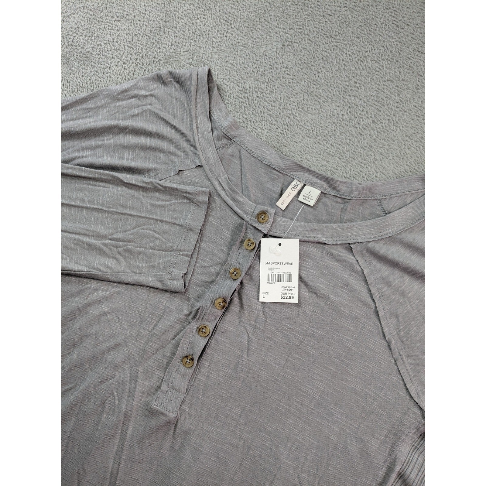 Cato Womens Gray Henley Top Long Sleeve Tiered Ruffle Back Tunic Size L NEW Cato Womens Gray Henley Top Long Sleeve Tiered Ruffle Back Tunic Size L NEW