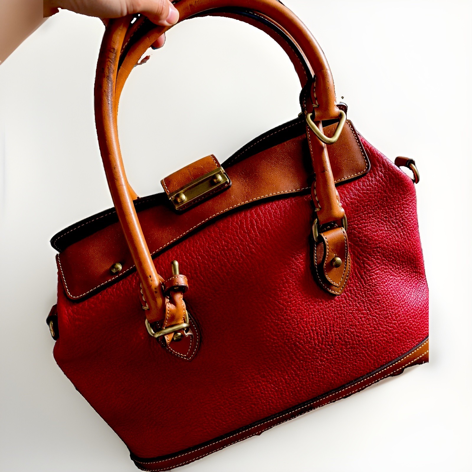 Dooney & Bourke Medium Red/Brown Satchel Top Handle Gold Push Lock Lined