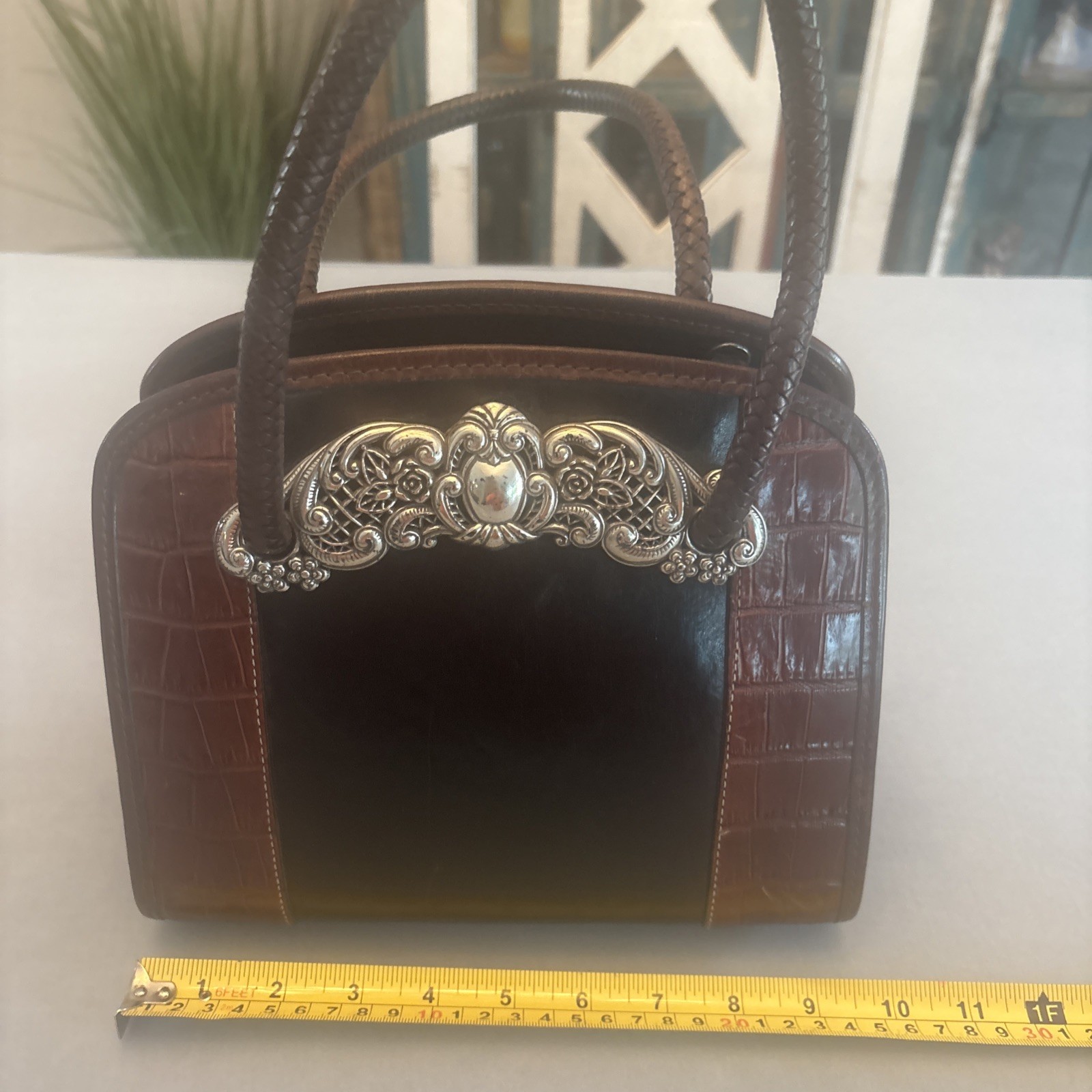 VTG Brighton Chantilly Top Handle Black Leather Brown Croc Bag VTG Brighton Chantilly Top Handle Black Leather Brown Croc Bag